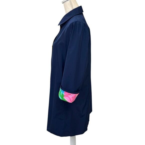 Lilly Pulitzer Palm Beach Swing Trench Coat Jacket Navy Blue Pink Size Medium - Picture 2 of 12